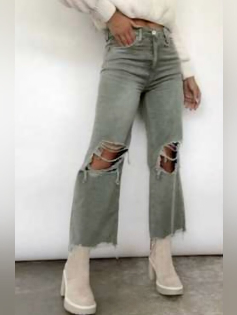 High-Rise Distressed Wide-Leg Jeans - Sage Green